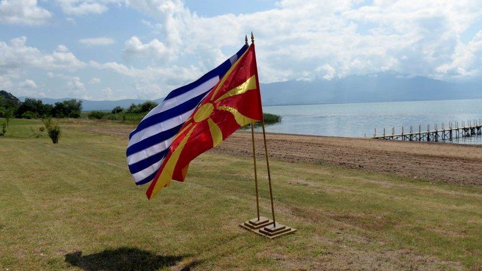 The flags of Greece and Macedonia