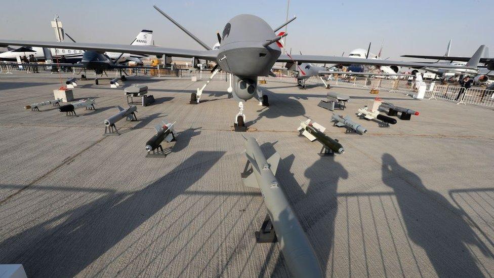 A Chinese-made Wing Loong II drone on display during the 2017 Dubai Airshow