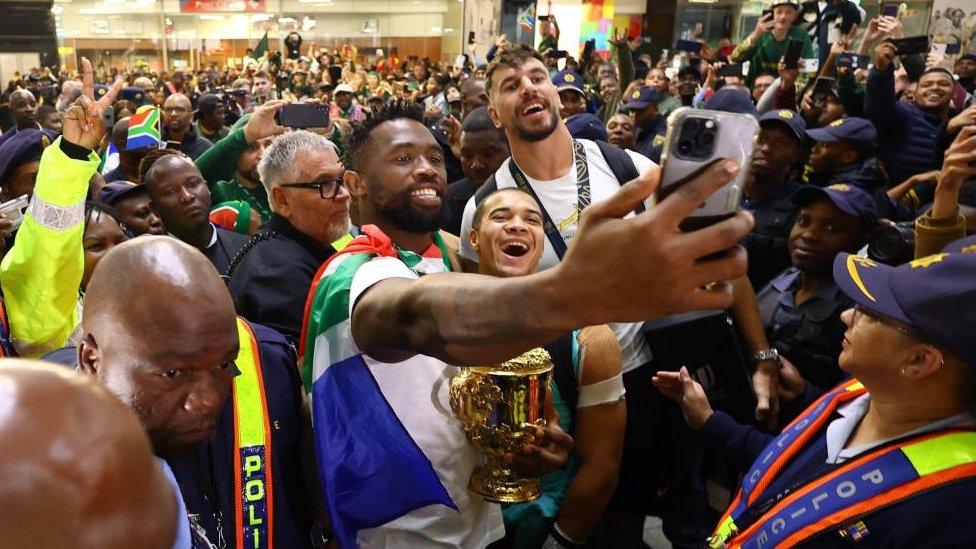 Rugby Union - Rugby World Cup 2023 - South Africa return home after winning the Rugby World Cup - O.R. Tambo Airport, Johannesburg, South Africa - October 31, 2023