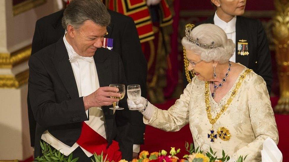 Colombia's president Juan Manual Santos at a state banquet at Buckingham Palace