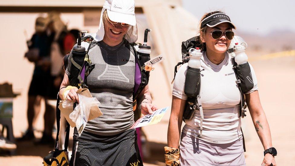 Sophies Raworth with Susie Chain as they prepare to run the Marathon des Sables