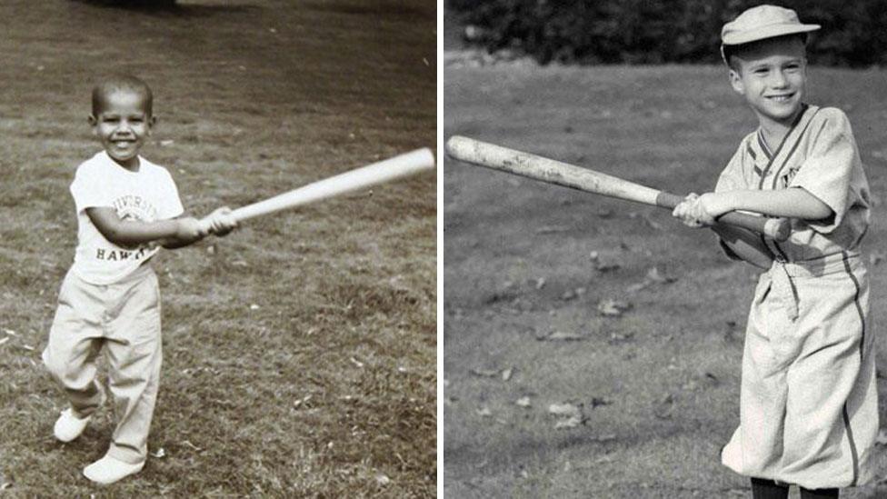 A young Barack Obama (l) and a young Mitt Romney (r) playing baseball