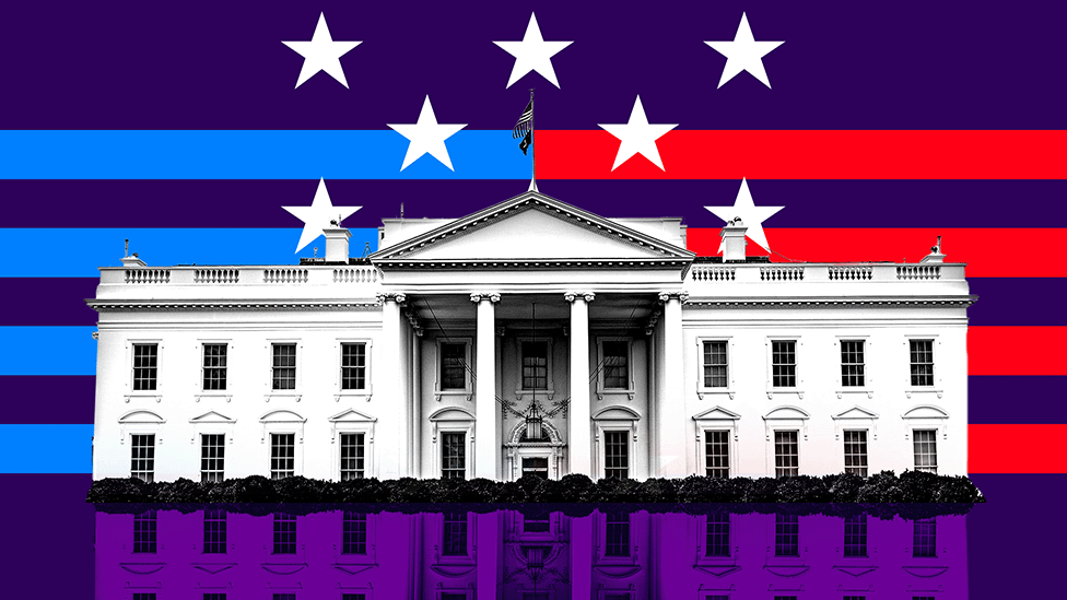 US Election Unspun artwork with a graphic of the White House on a red and blue striped background and white stars