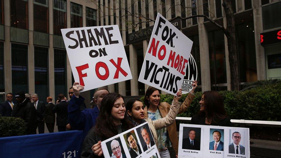 Protestors outside Fox News headquarters in New York City.