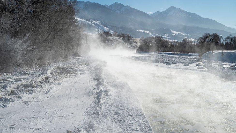 Mist rising above Yellowstone river in Montana