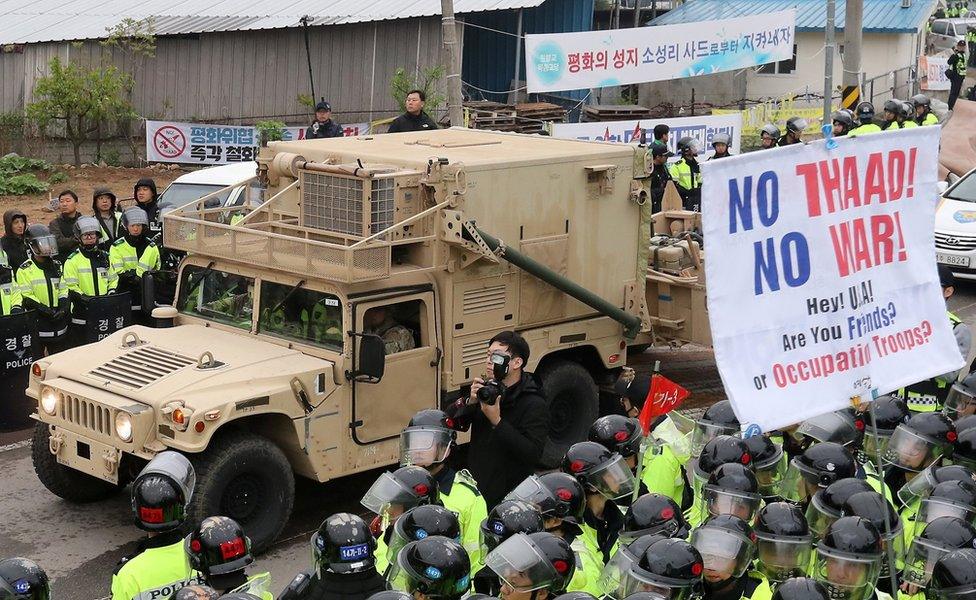 A U.S. military vehicle which is a part of Terminal High Altitude Area Defense (THAAD) system arrives in Seongju, South Korea, 26 April 2017.