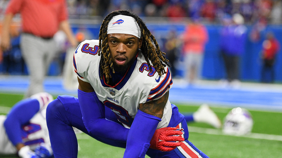 Buffalo Bills safety Damar Hamlin warms up before a game against the Detroit Lions at Ford Field in November 2022