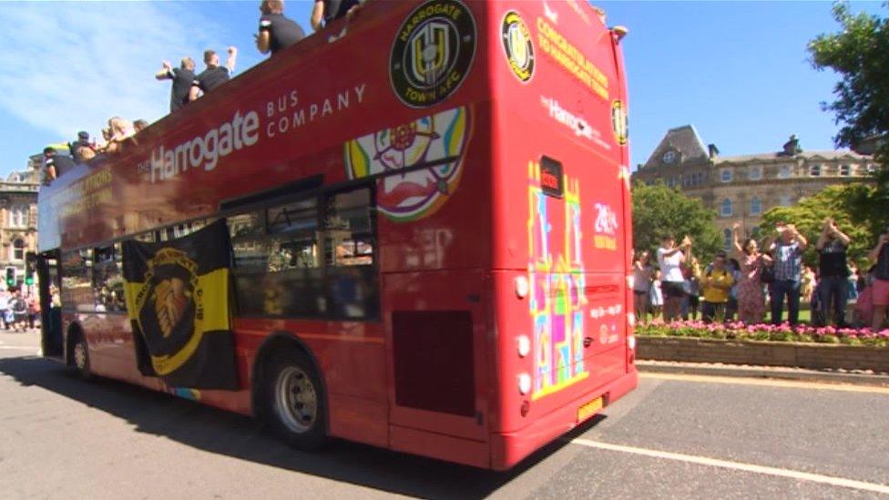 Fans were warned they must still stick to social distancing guidelines during the Harrogate Town promotion bus parade