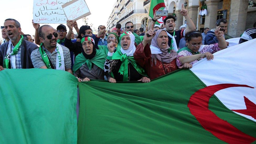 Algerian protesters hold a large flag in the capital Algiers