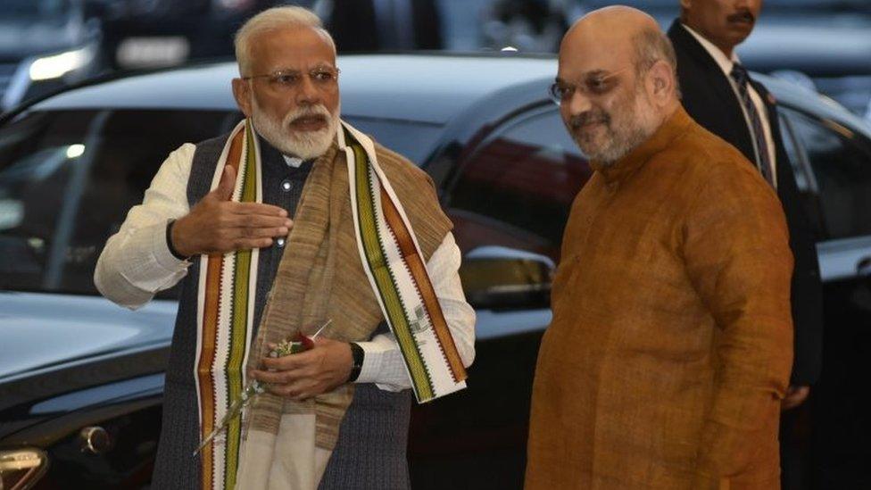 Indian Prime Minister Narendra Modi (L), with Bharatiya Janata Party (BJP) President Amit Shah as he arrives at BJP headquarter to attend the central election commitee meeting to discuss key issues about selection of candidates for the upcoming general elections, in New Delhi, India, 16 March 2019