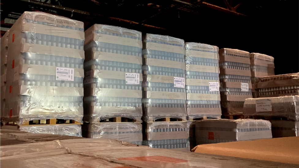 Penderyn's imported glass bottles stacked up in the warehouse