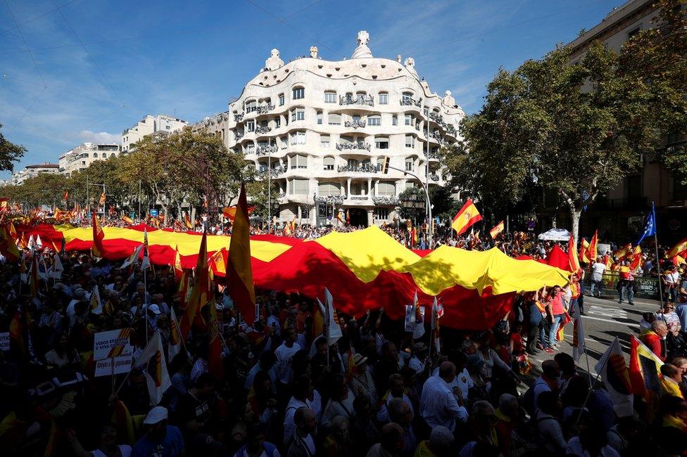 Supporters of Spanish unity attend a demonstration to call for co-existence in Catalonia and an end to separatism, in Barcelona, Spain, October 27, 2019