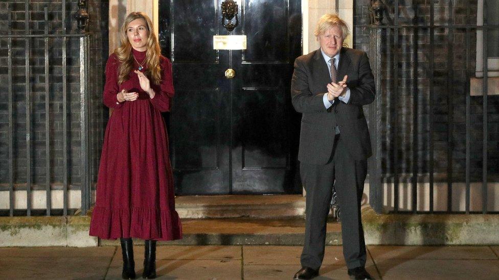 Prime Minister Boris Johnson and his partner Carrie Symonds outside 10 Downing Street