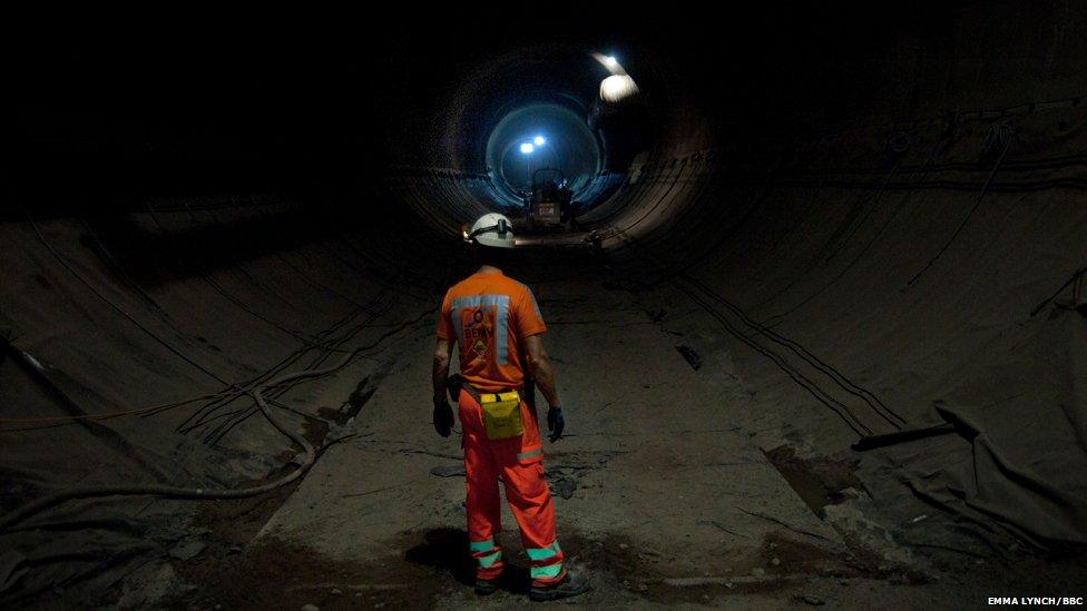 FINSBURY CIRCUS SITE Worker at the Crossrail tunnel construction site under Finsbury Circus, London