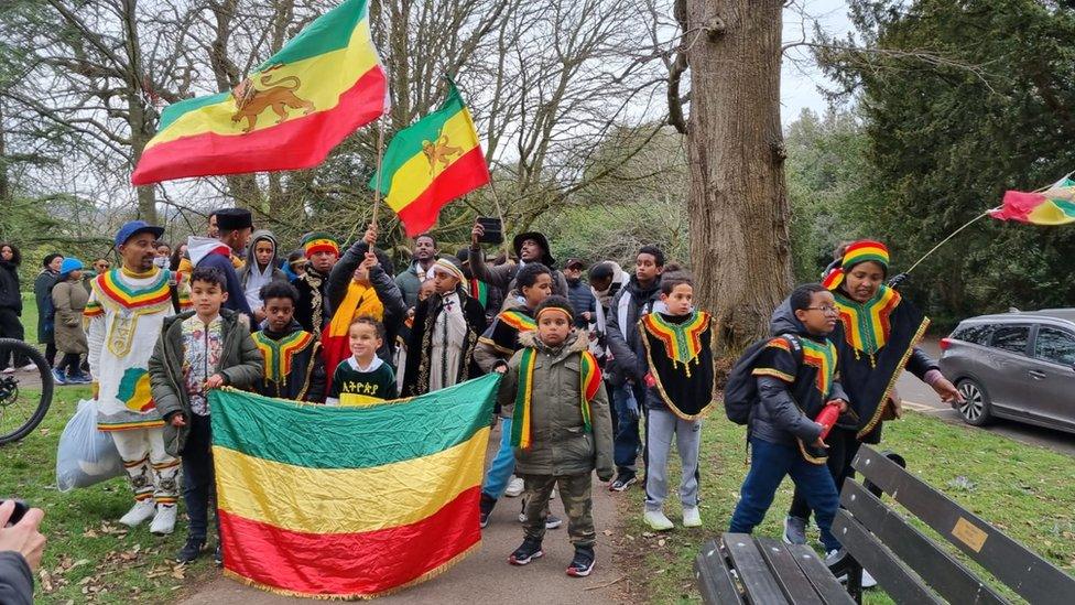 People waving Ethiopian flags in a park