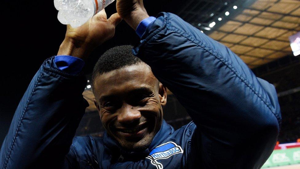 Hertha Berlin forward Salomon Kalou celebrates his hat-trick after the match against Borussia Monchengladbach