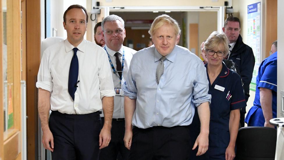 Prime Minister Boris Johnson with Matt Hancock during a visit to Bassetlaw District General Hospital in Worksop, Nottinghamshire, 22 November 2019