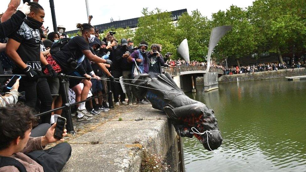 Edward Colston statue being thrown in harbour