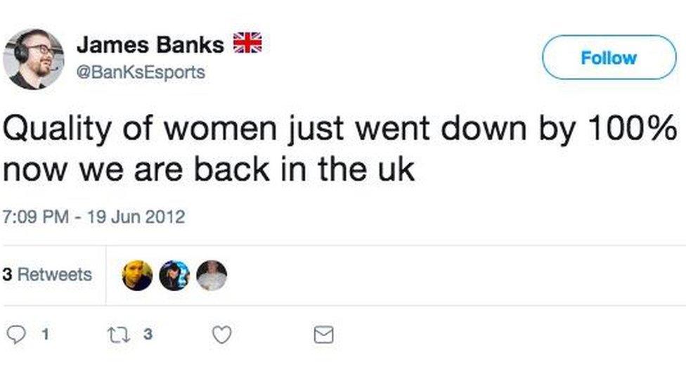 Tweet from James Banks: Quality if women just went down by 100% now we are back in the UK