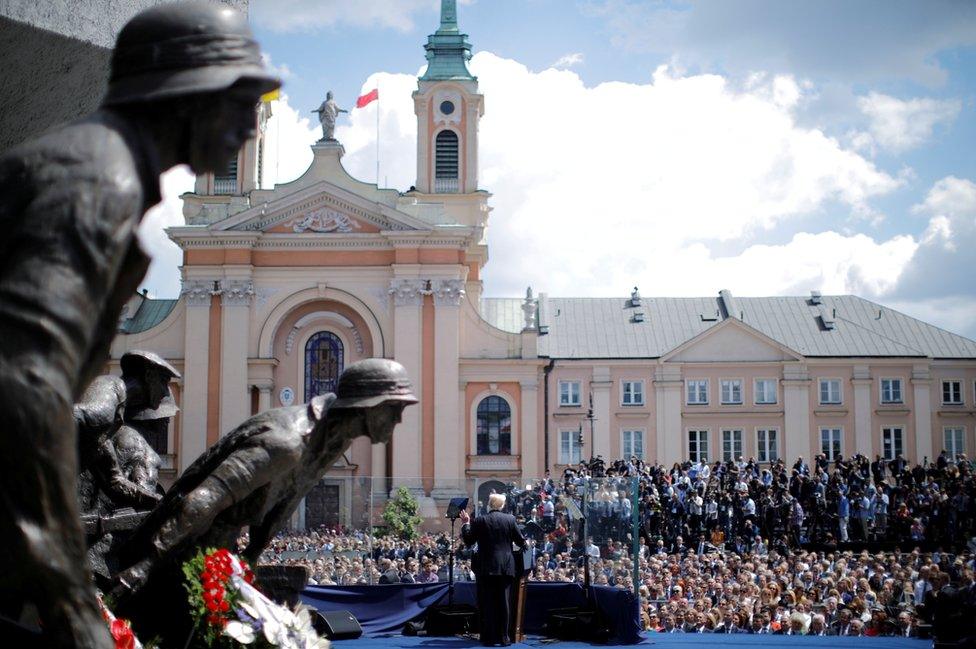 US. President Donald Trump gives a public speech in front of the Warsaw Uprising Monument at Krasinski Square