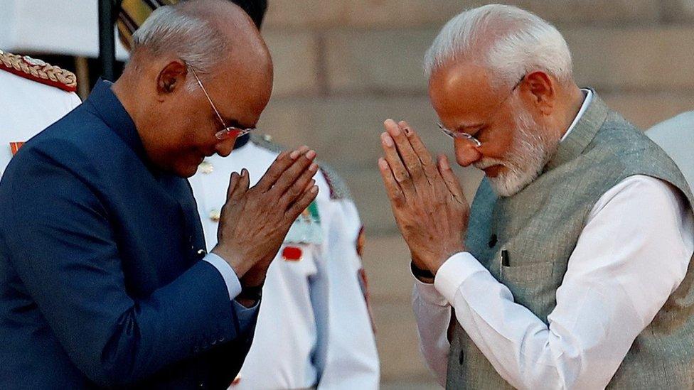 India's President Ram Nath Kovind greets India"s Prime Minister Narendra Modi after his oath during a swearing-in ceremony at the presidential palace in New Delhi, India May 30, 2019