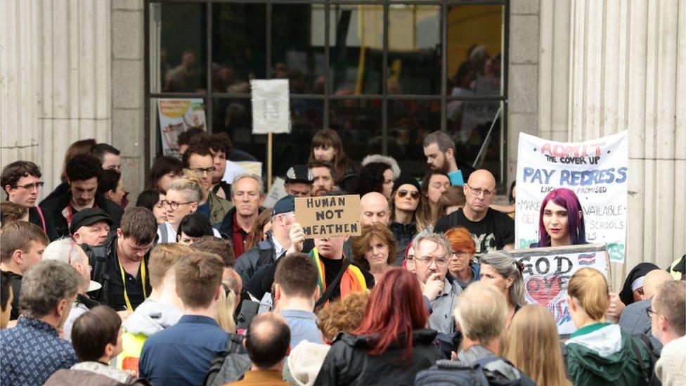 Clerical sex abuse protesters assemble at the General Post Office (GPO) on O"Connell Street in Dublin, prior to marching to the Garden of Remembrance