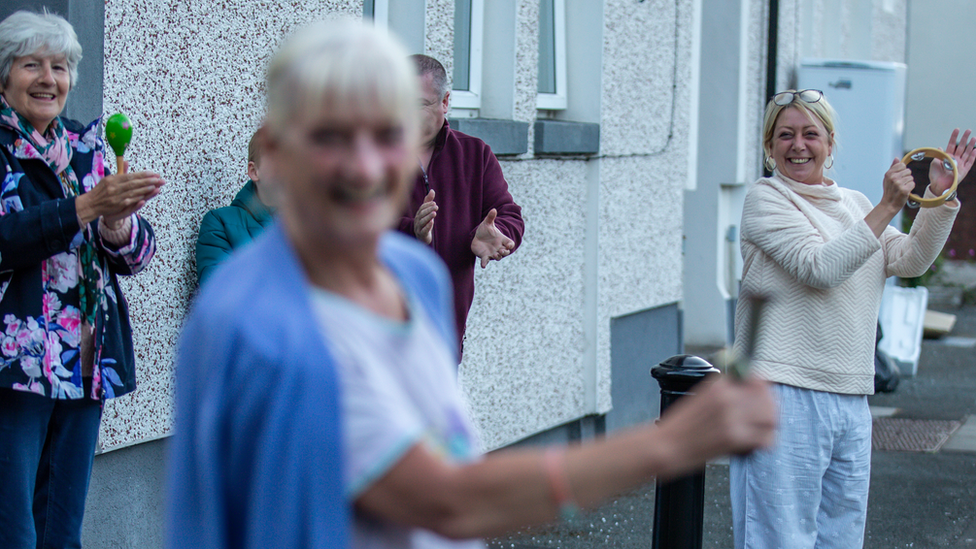 Residents of Arrael Street Clap For Carers on May 14, 2020 in Abertillery, Wales, United Kingdom