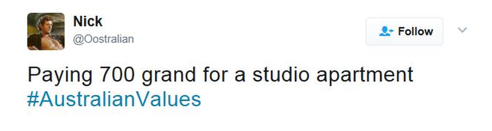 A tweet by @Oostralian says: "Paying 700 grand for a studio apartment #AustralianValues"