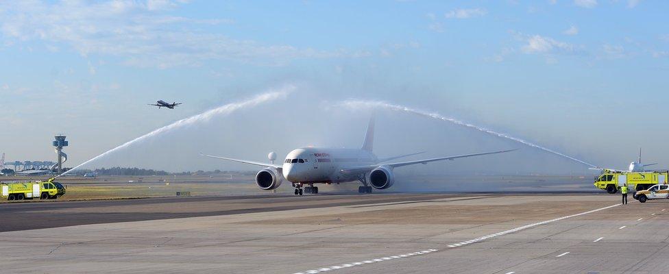 Air India Dreamliner landing in Sydney, to a water cannon salute