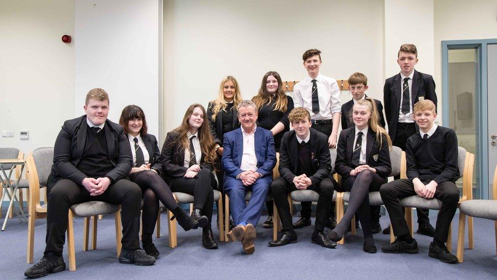 Allan Little with pupils at Stranraer Academy