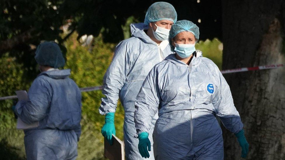 The scene in Brookside South, Barnet, north London, after a 37-year-old woman and five-year-old child were found fatally stabbed.