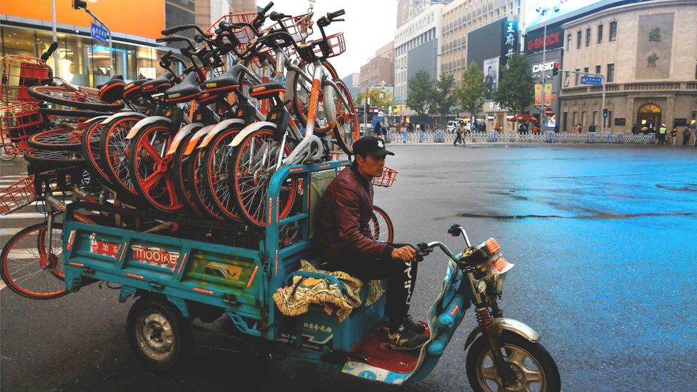 Man collecting Mobikes on back of trike