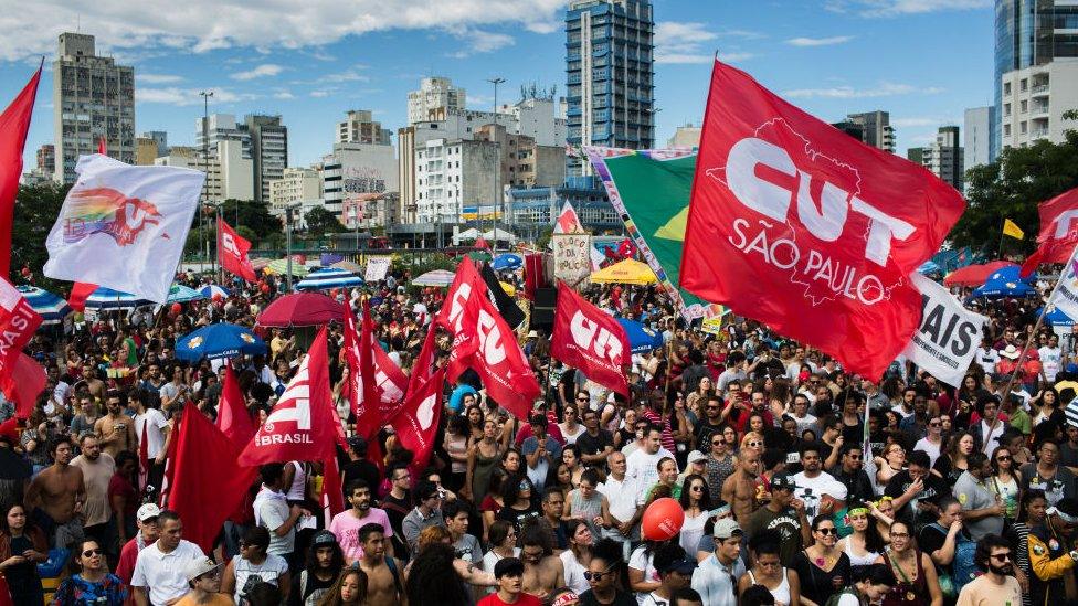 Protesters call for the impeachment of President Michel Temer and direct elections on June 4, 2017 in Sao Paulo, Brazil.