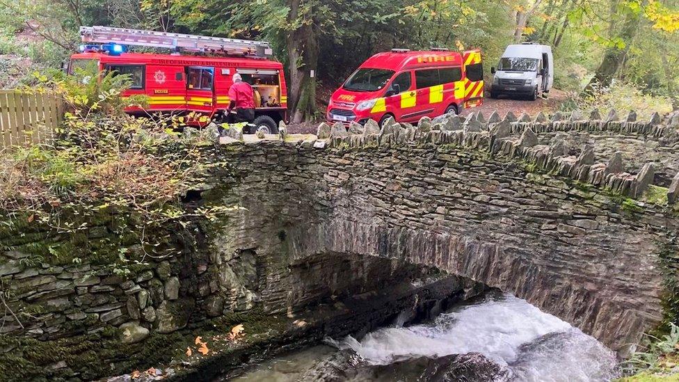 Fire service vehicles on the scene in Laxey