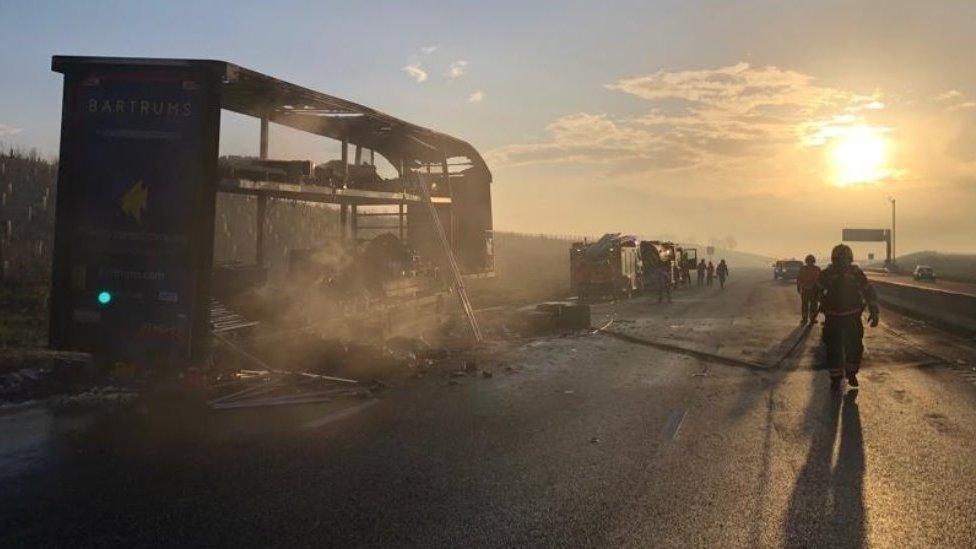 Lorry after catching fire on A14 in Brampton