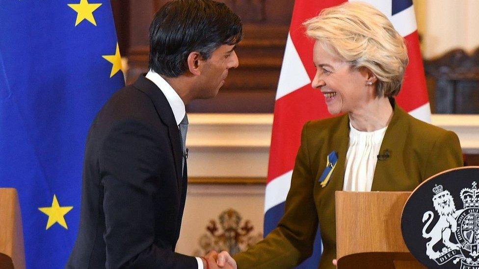 Britain's Prime Minister Rishi Sunak (L) and European Commission President Ursula von der Leyen (R) shake hands at the end of a joint news conference on a new trade deal covering Northern Ireland.