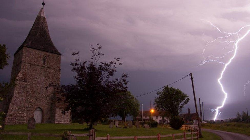 A lightning strike pictured near St Mary in the Marsh Church, just north of New Romney