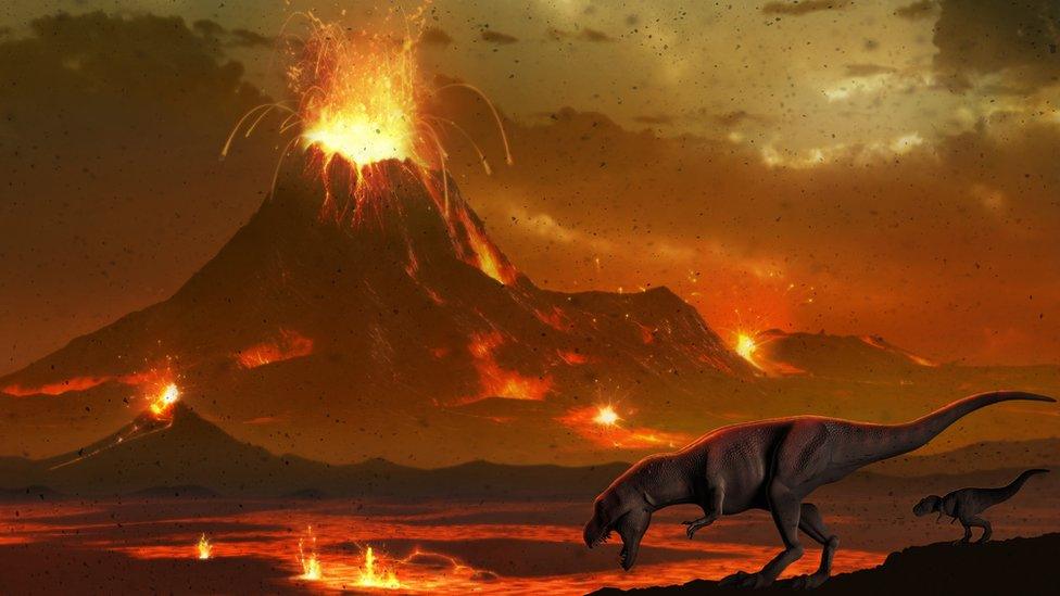 Dinosaur in the foreground, with an erupting volcano behind