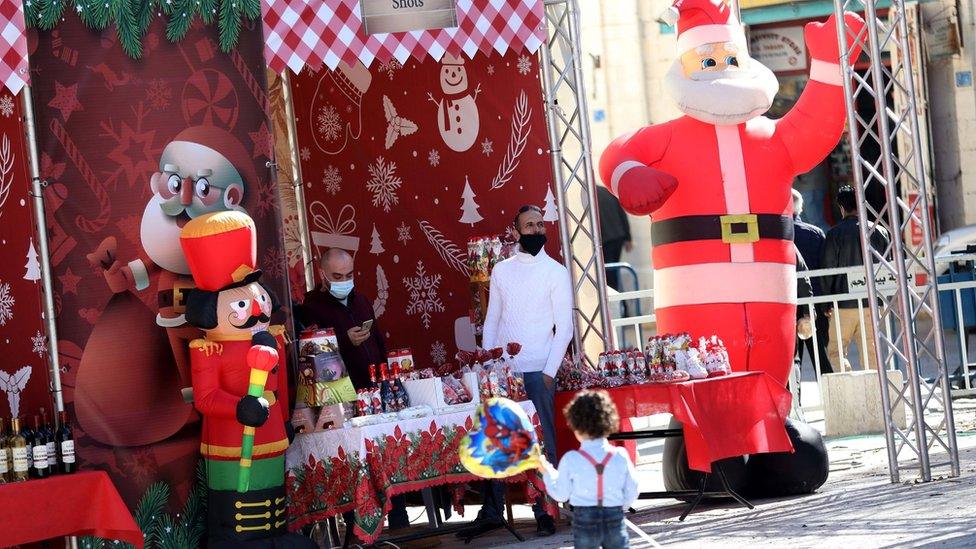 A Christmas market in Manger Square, in Bethlehem, in the occupied West Bank (20 December 2020)