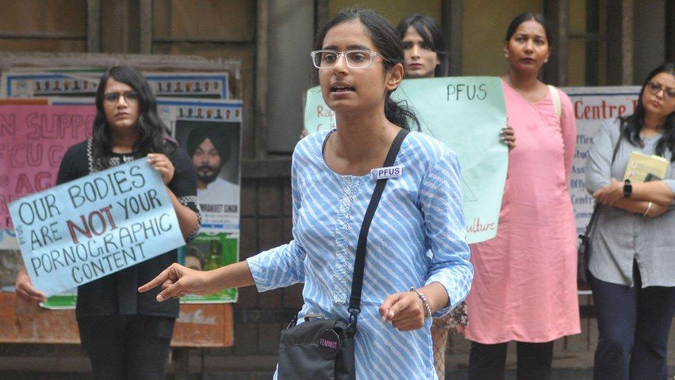 Punjab Feminist Union of Students protesting against recent MMS scandal in Chandigarh University at students center Panjab University on September 19, 2022 in Chandigarh, India.