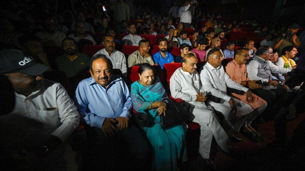 Harsh Vardhan, BJP Leader seen along Virendra Sachdeva, Delhi BJP President, Ramvir Singh Bidhuri, Leader of Opposition in Delhi Assembly and other leaders during exclusive screening of the movie "The Kerala Story" by Delhi BJP at Delite Cinema, Asaf Ali Road on May 8, 2023 in New Delhi, India.