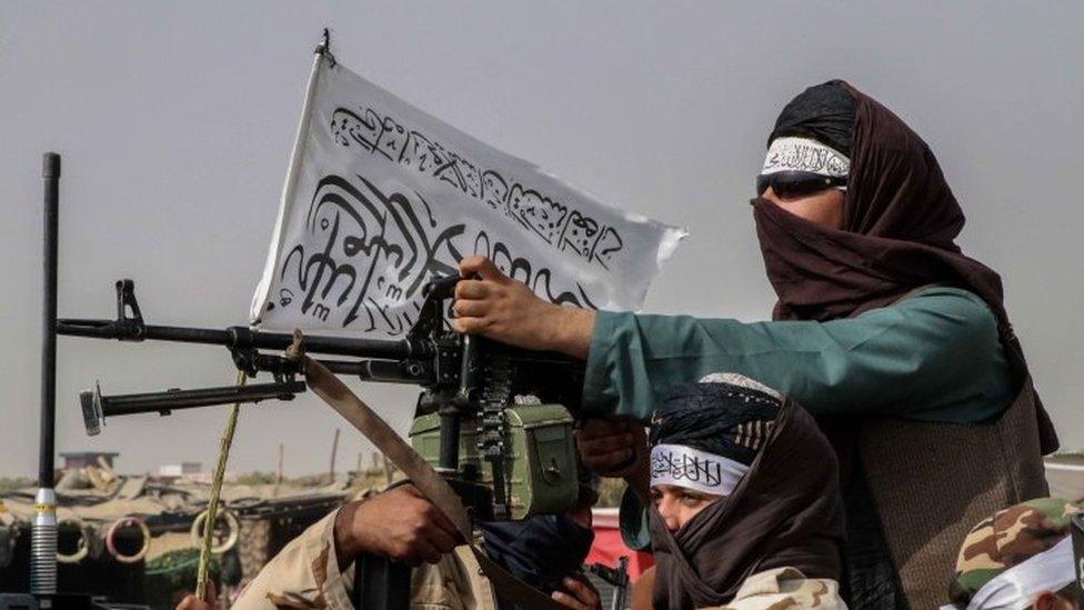 Armed Taliban (or Taleban) militia fighters patrol in Kandahar, Afghanistan, 17 August 2021