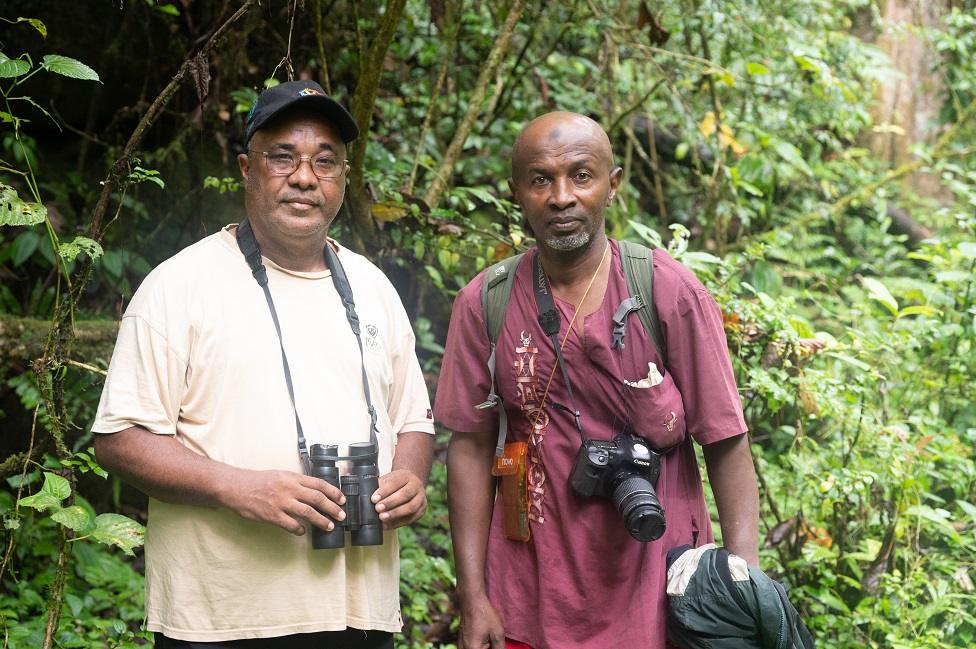 Lily-Arison Rene de Roland the leader of the expedition to find the dusky tetraka and (right) Loukman, a member of the expedition team.