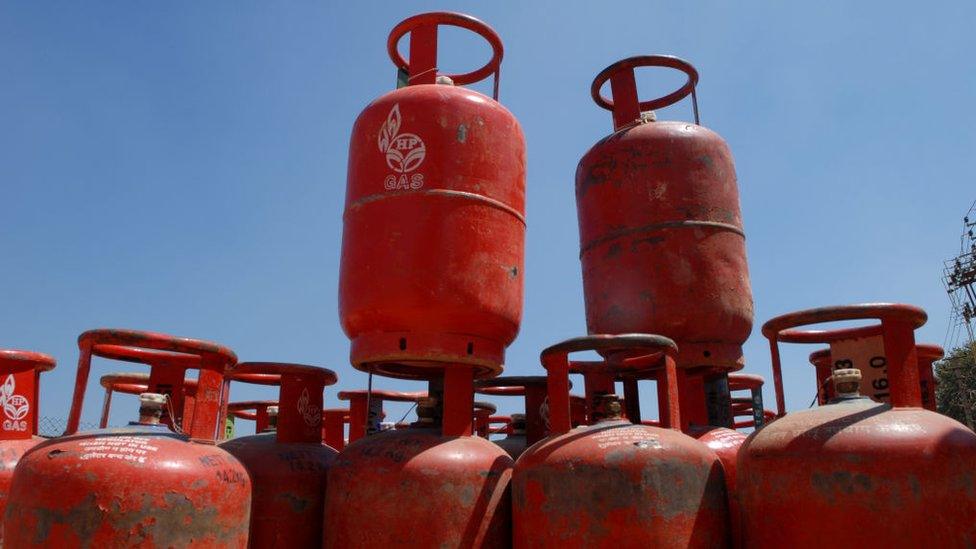 Images of Cooking gas cylinders, photographed on March 6, 2017 in Bangalore, India.