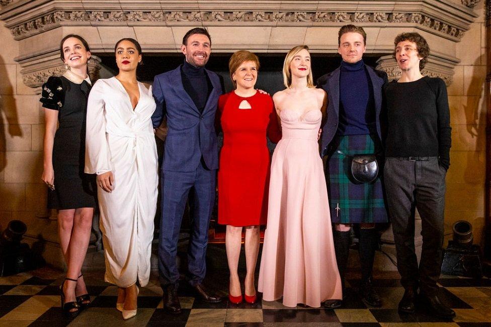 Jack Lowden, Nicola Sturgeon and the cast of Mary, Queen of Scots