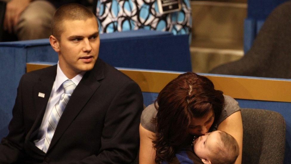 Track Palin sits with Willow Palin at an event in 2008