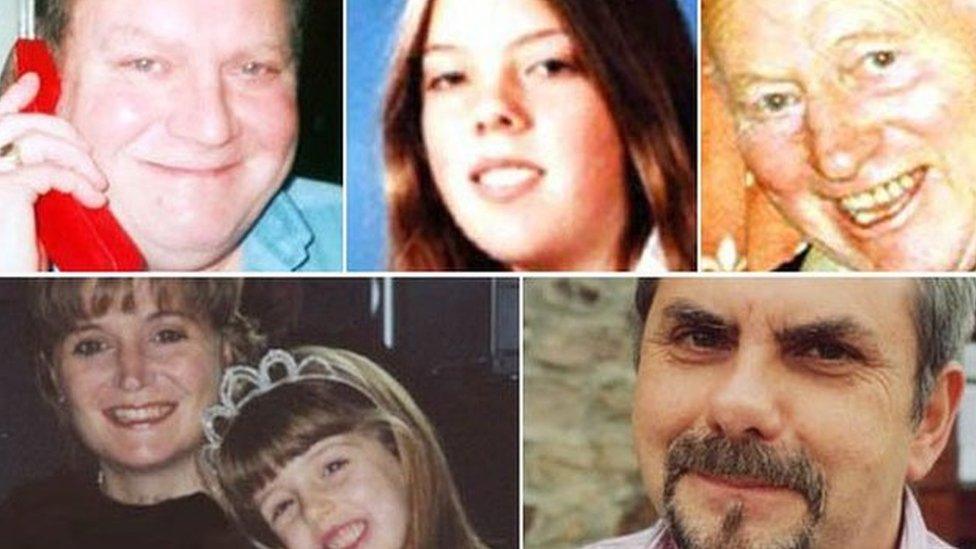 The victims from left to right: Train driver Stanley Martin, Emily Webster, Charlie Matthews, Anjanette Rossi and Louella Main, and Barry Stevens