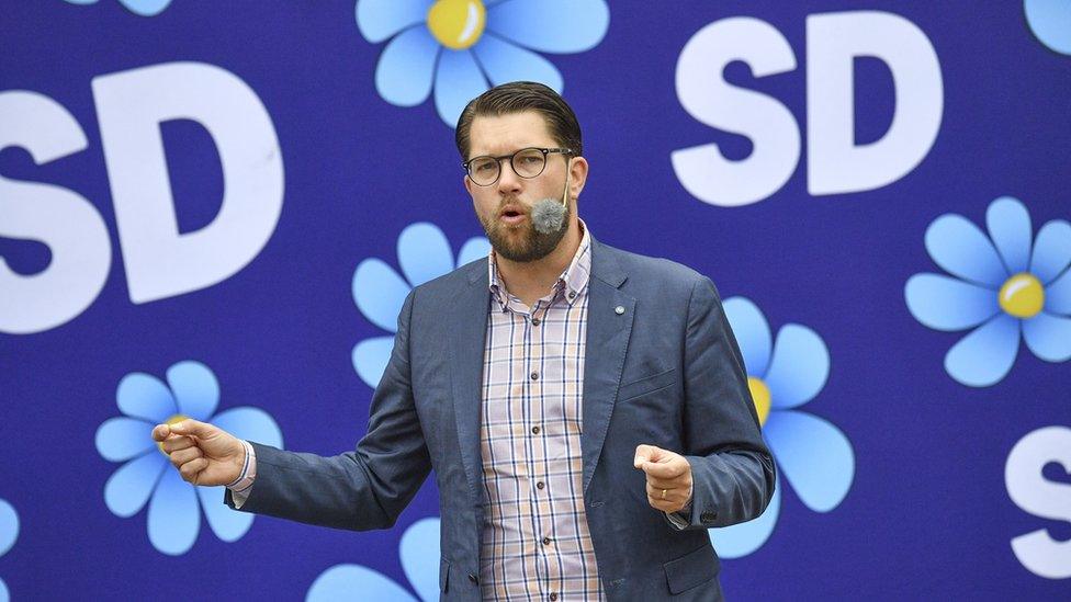 Jimmie Akesson, leader of SD, is photographed in front of the party's floral logo