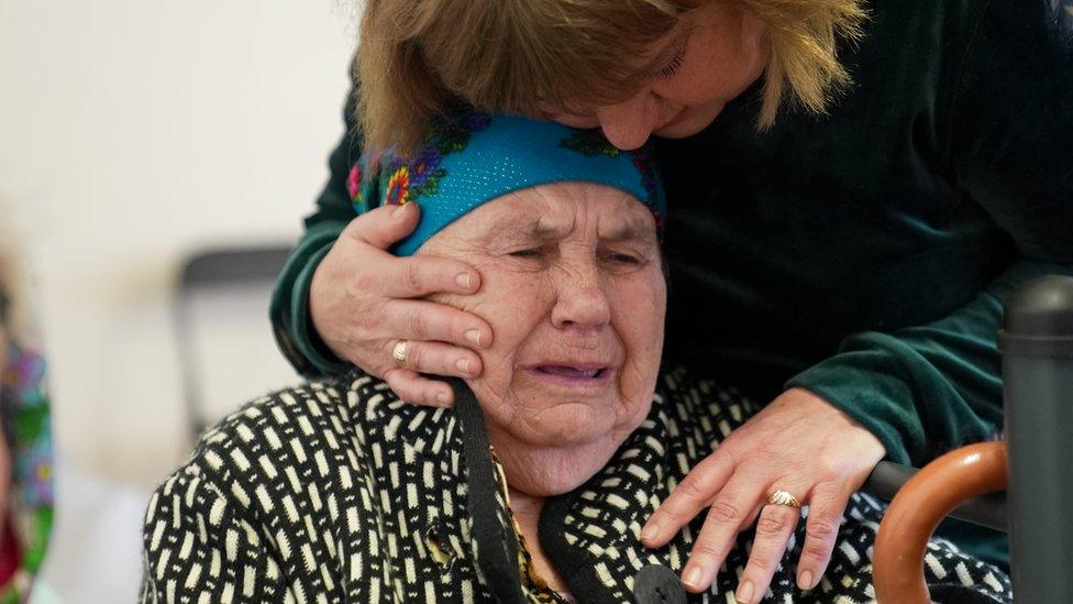 Tetiana and her mother (left) fled Russian occupation to Ukrainian territory