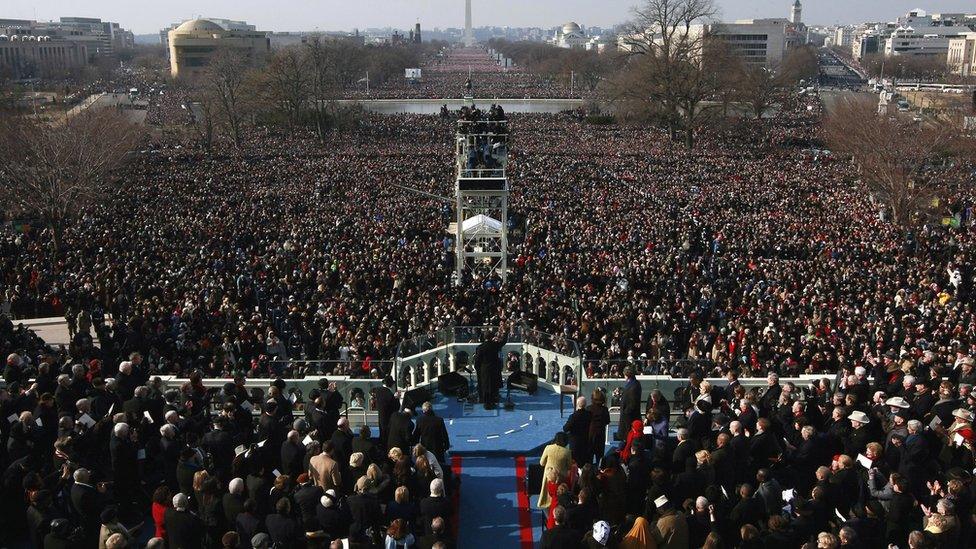 View of the crowd as Obama gives inaugural address in 2009